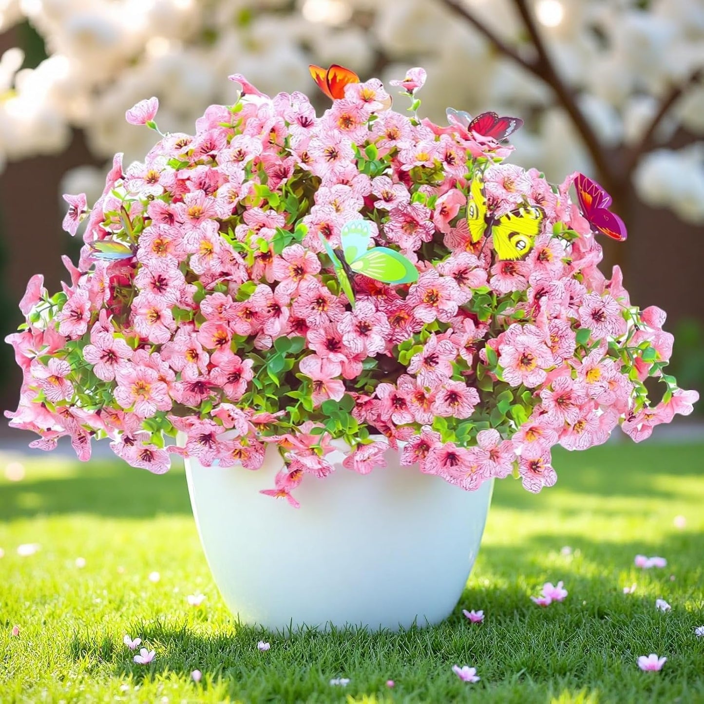 ‌20 Bundles Artificial Flowers for Outdoors‌ with 6 Faux Butterflies, UV Resistant ‌Fake Flowers‌ with Eucalyptus Leaves, ‌Artificial Plants Outdoor‌ for Patio Garden Porch Home Decor (Pink)