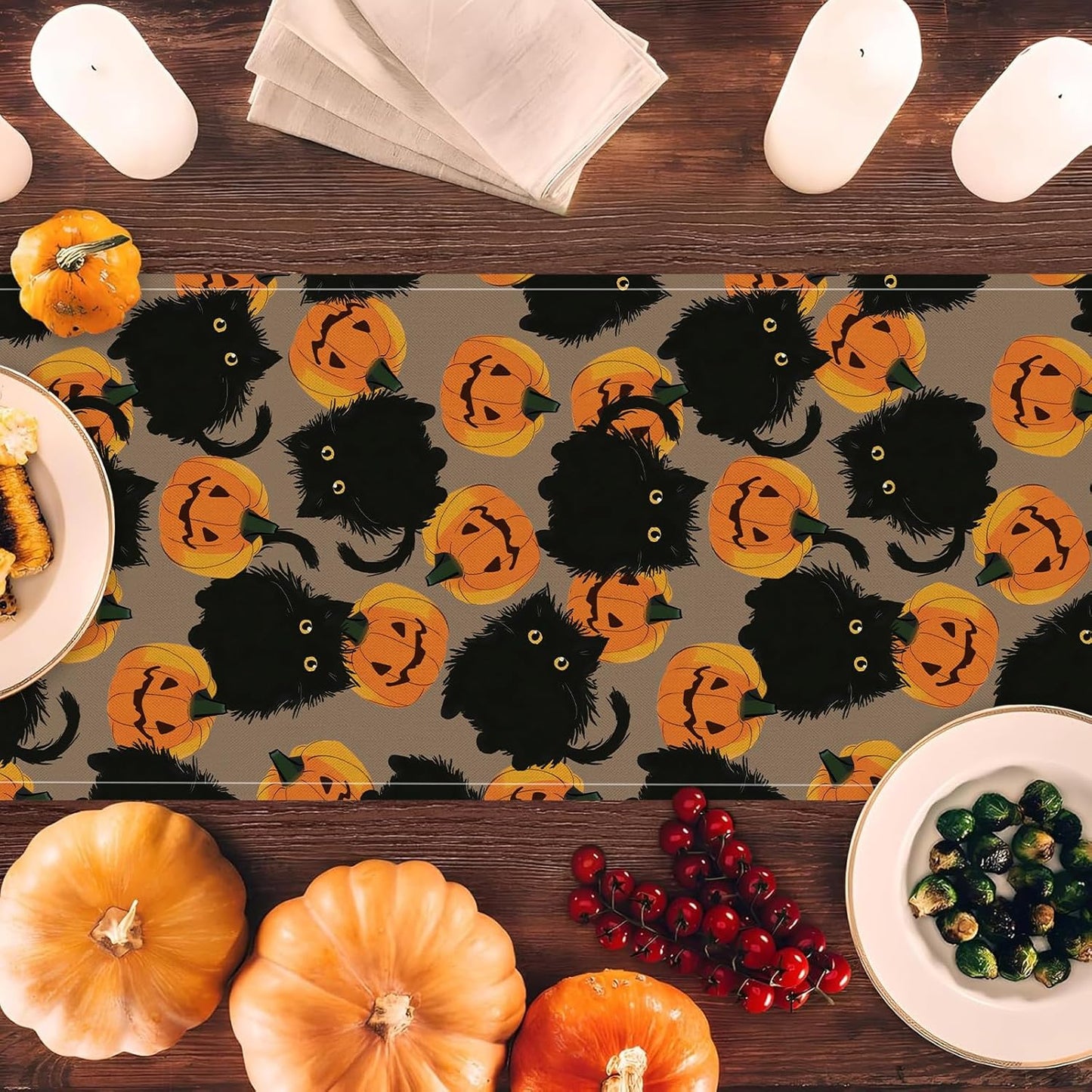 Halloween Table Runner Black Cat Pumpkins Seasonal Kitchen Dining Table Home Outdoor Party Decorations 13x108 Inch