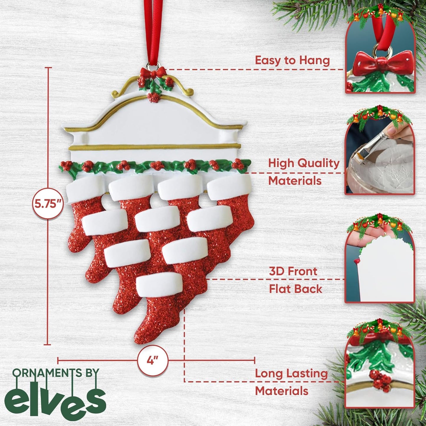 3D Fireplace Mantle Family of 10 Christmas Ornament 2025 Personalized Family Christmas Ornaments 2025 | Holiday Garland Personalized Tree Ornaments Customizable Gifts of Red Stockings of Ten Ornament