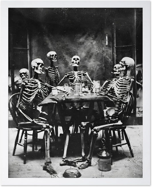 Poster Master Vintage Photograph Poster - Retro Daguerreotype Print - Gift for Artist, Friend - Skeletons Smoking at Table, Dinner Party, Goth - Wall Decor for Home, Dorm, 8x10 White Framed