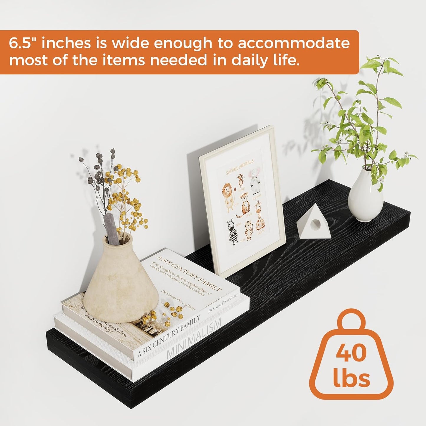 Fun Memories Floating Shelves for Wall, 24" Rustic Wood Deep Wall Mounted Shelves with Invisible Brackets for Decor & Storage, Floating Shelf for Living Room, Bathroom (Black, Set of 2)