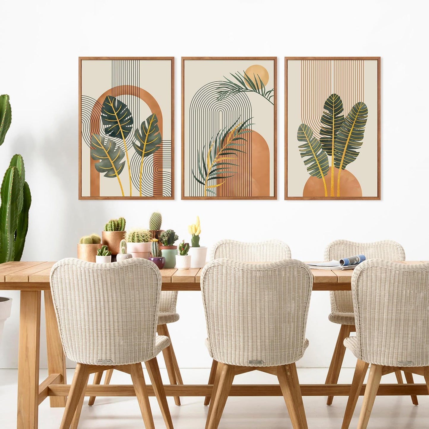 KAIRNE Boho Canvas Wall Art,Abstract Minimalist Room Decor,Tropical Botanical Wall Decor,Mid-Century Geometric Illustrations Set of 3(16”X24”),Botanical Print for Living Room Bedroom Dining Room Decor