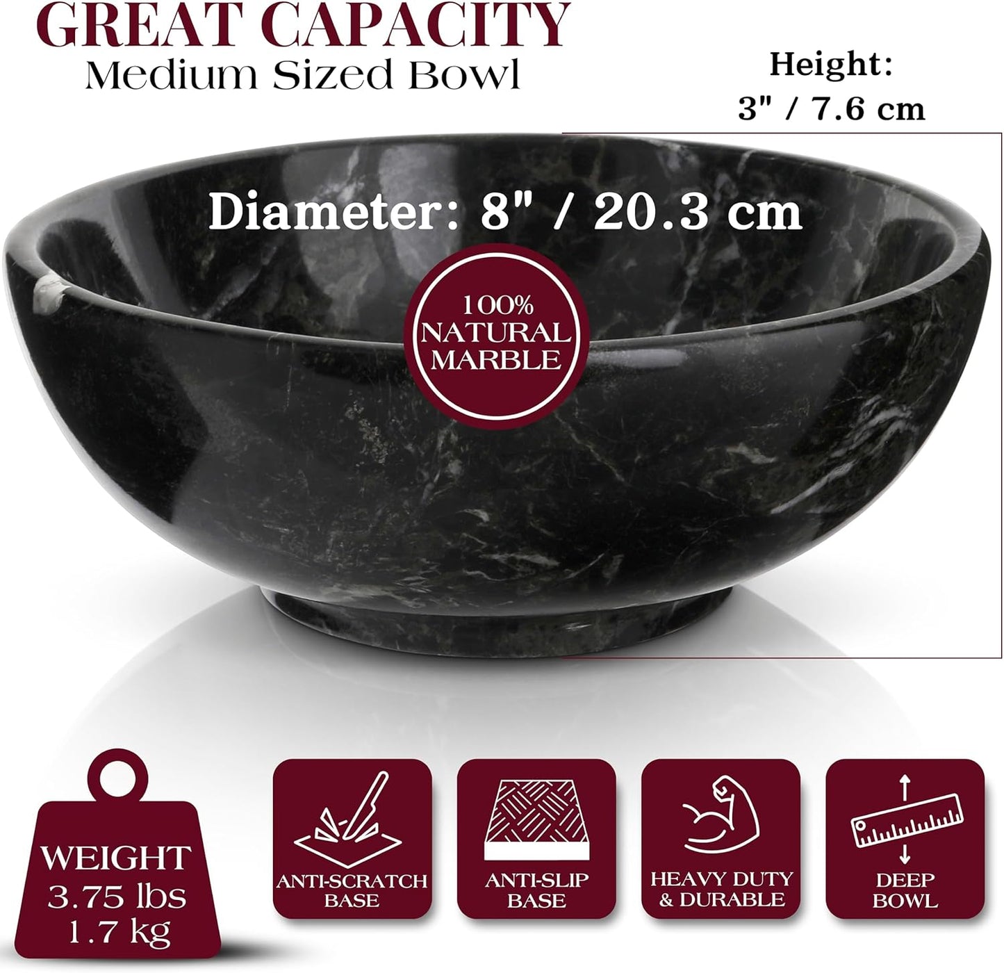 Gusto Nostro 8" Luxury Black Marble Decorative Bowl for Coffee Table - Elegant Modern Fruit Bowl for Kitchen Counter - Heavy Stone Entryway Catch all for Keys, Jewelry, Potpourri Holder Centerpiece