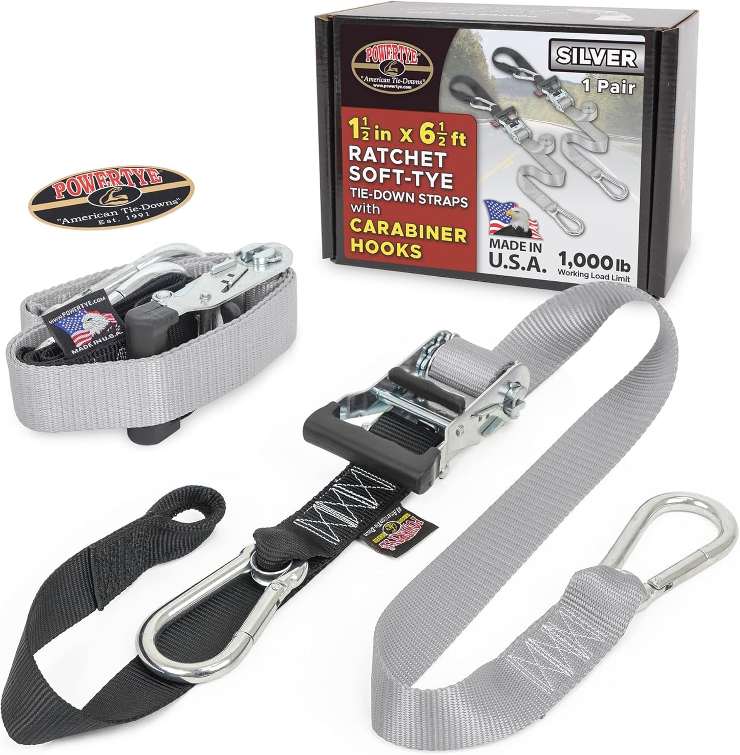 PowerTye - Made in USA - Heavy Duty Ratchet Tie Down Straps with Carabiner Hooks & Sewn-in Soft-Tye, for Motorcycle, ATV, Trailer & Cargo, 1,000 lb WLL, 1.5 inch x 6.5ft Long, Silver/Black (Pair)
