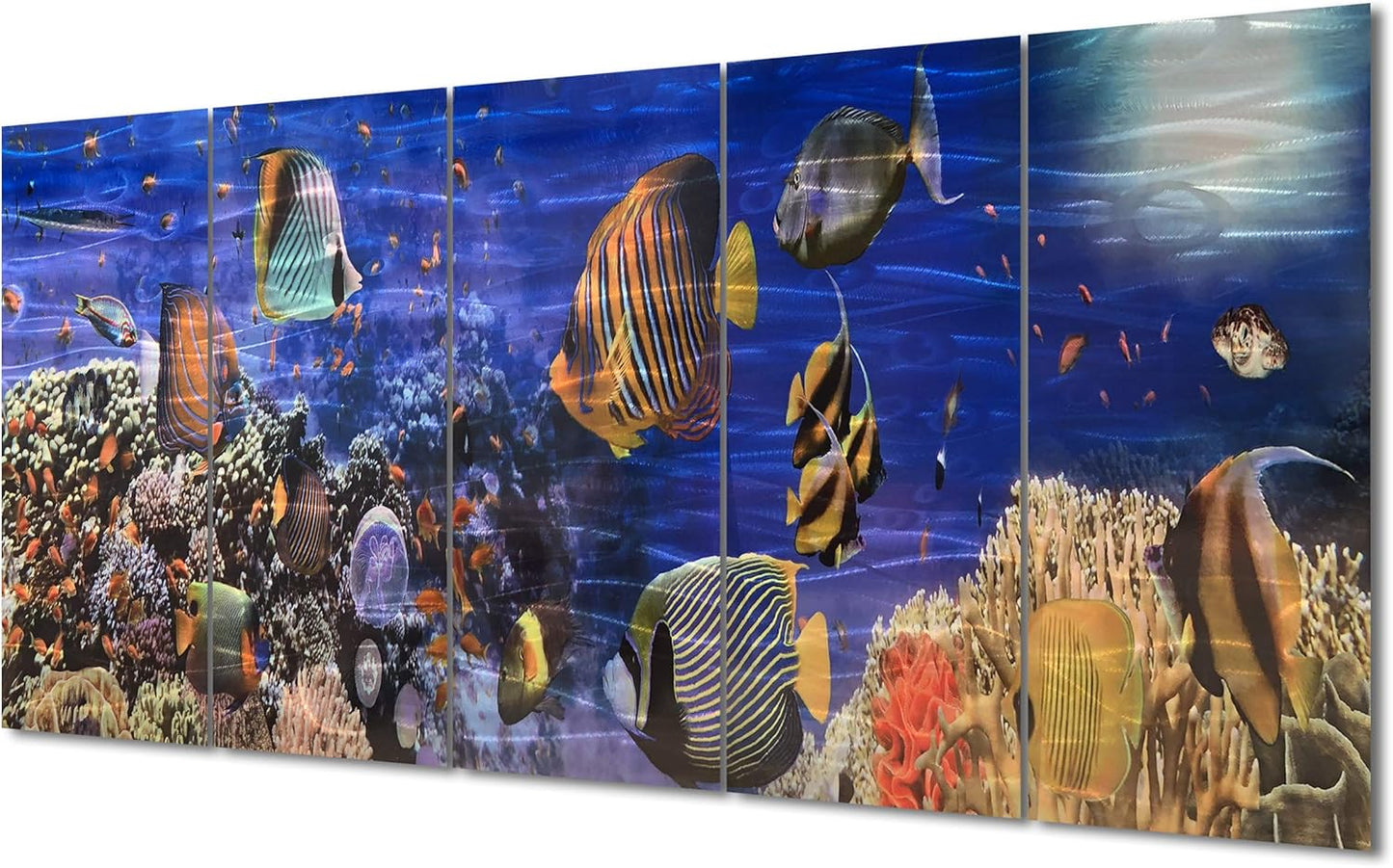 Yihui Arts Cosatal Metal Wall Art, Large Nautical Metal Wall Art in Modern Ocean Design, 3D Outdoor Pictures Wall Decor, 5 Panels, Metal School of Fish Art