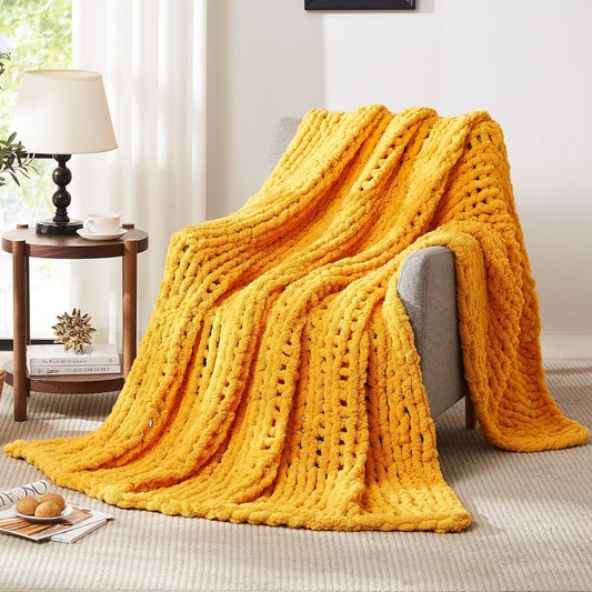L'AGRATY Chunky Knit Blanket Throw: 80''x90'' Chenille Chunky Knitted Throw Blanket for Bed Couch - Handmade Thick Big Cable Knit Blanket - Large Chunky Crochet Rope Blanket for Home Decor(Yellow)