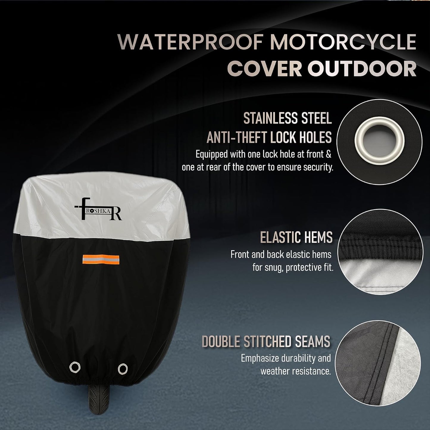 Motorcycle Cover Waterproof Outdoor with Cotton Lining, All Weather Protection from Rain, Dust & Snow - 300D Heavy Duty, Lock Holes, Storage Bag, Universal Fits up to 96" Motorcycles - MC1