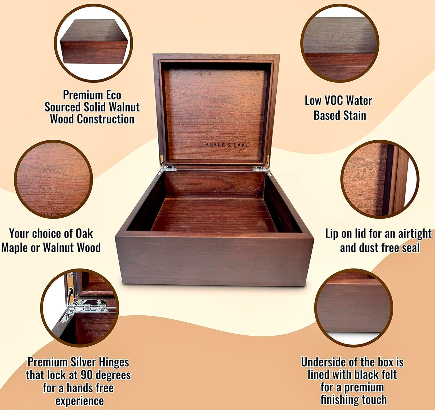 Blake & Lake Wooden Box with Hinged Lid - Solid Walnut Wood Eco Box - Wood Storage Box with Lid - Wooden Keepsake Box - Decorative wooden boxes with lids (Walnut)