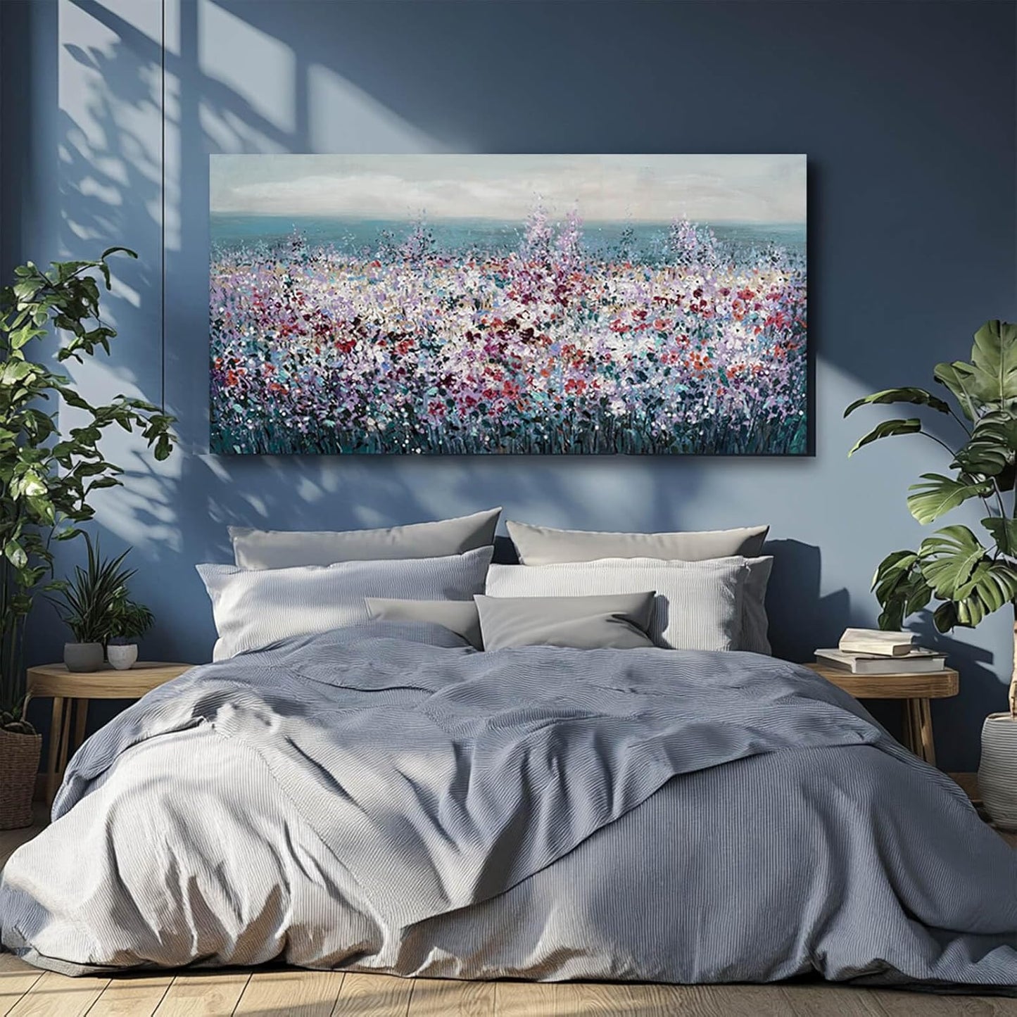 CHUDANHAO Blue Coastal Wall Art Colorful Wall Decor Flowers Canvas Prints for Office 29x58 Inch Large Landscape Painting for Living Room Bedroom