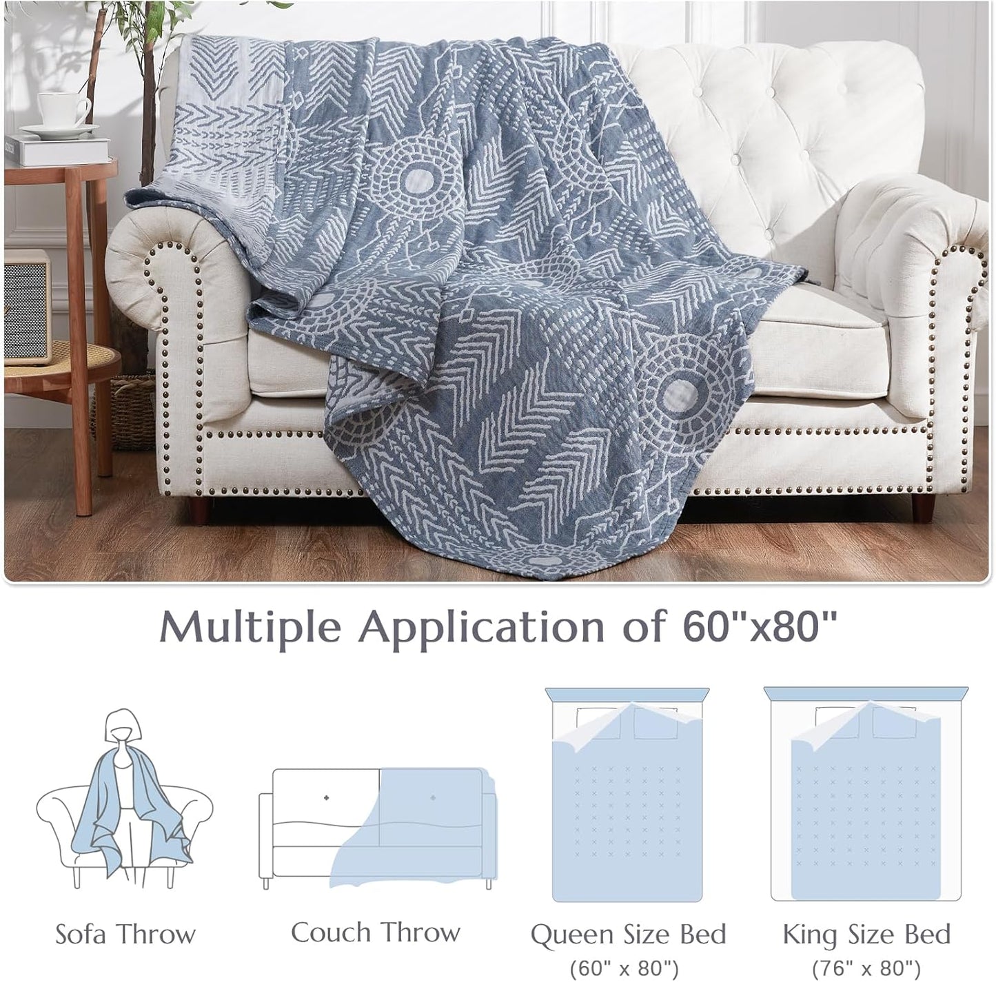 JINCHAN Boho 100% Cotton Muslin Blanket 3-Layer Twin Size Geometric Lightweight Reversible Soft Cozy Throw for Couch Sofa Bed All Season Coverlet Ideal Gift Bedroom Living Room Decor Blue 60x80 Inches