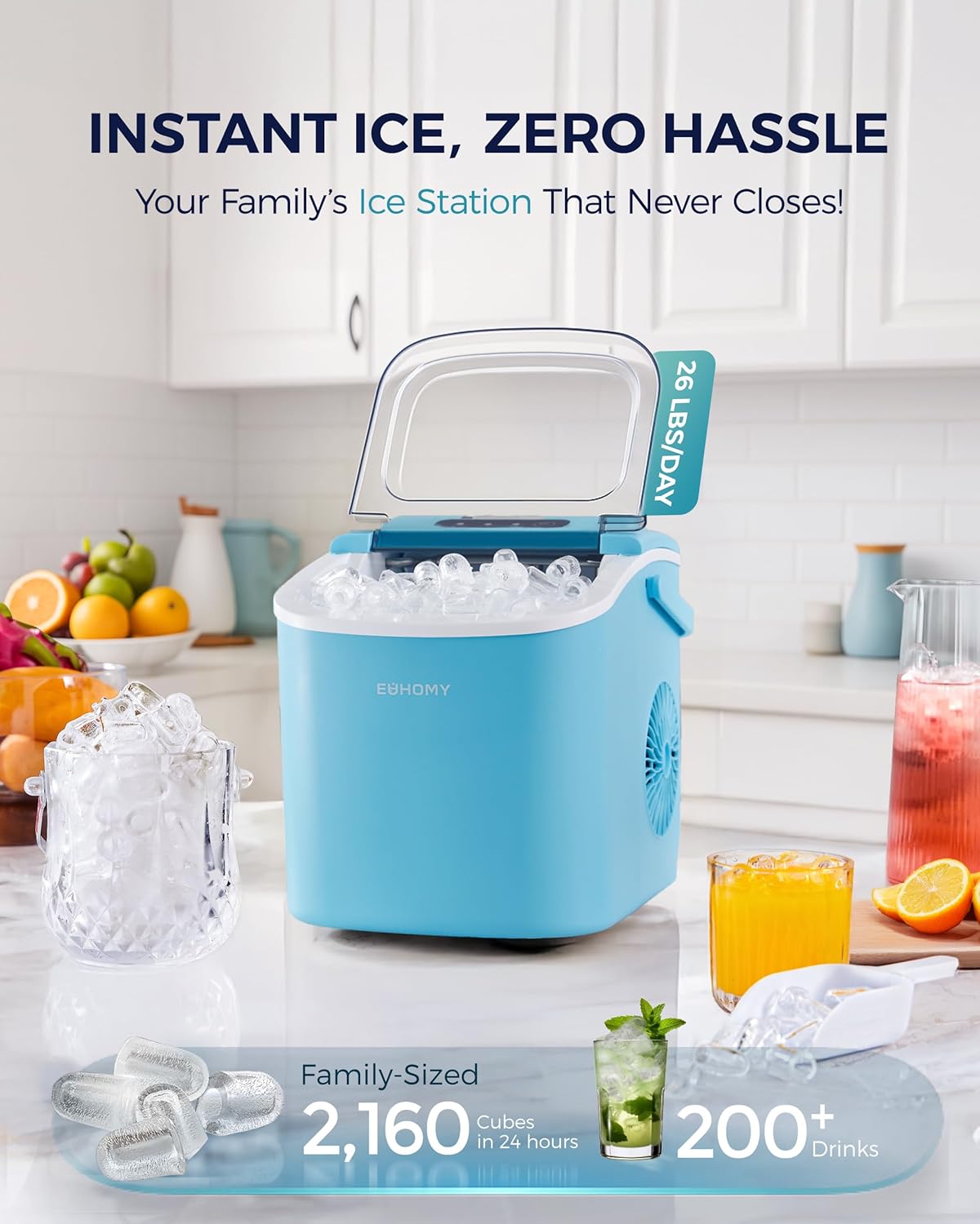 EUHOMY Countertop Ice Maker Machine with Handle, 26lbs Per Day, 9 Ice Cubes Ready in 6 Mins, Auto-Cleaning Portable Ice Maker with Basket and Scoop, for Home/Kitchen/Camping/RV (Blue)