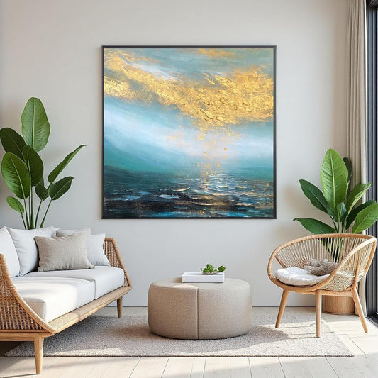 Hand Painted Blue Ocean Oil Painting for Office, Large Abstract Wall Art for Living Room, Framed Seascape Wall Picture for Kitchen Bedroom Home Decor 32x32inch