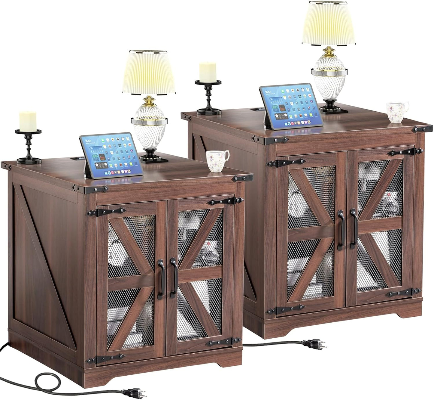 Farmhouse End Table Set of 2, 24" Large Sofa Side Table with Charging Station, Mesh Barn Door, Rustic Wood Nightstand with Adjustable Storage Shelf, Square Nightstand for Living Room