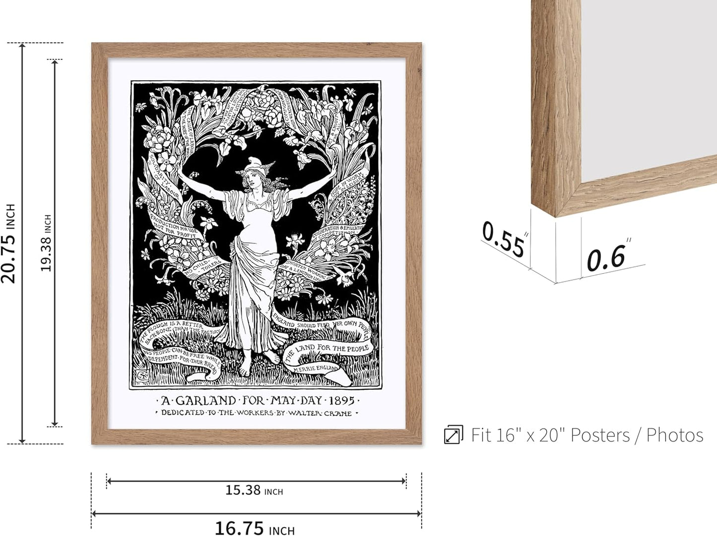 Poster Master Vintage Walter Crane Poster - Retro A Garland for May Day Print - Socialist Art - Gift for Him, Her, Men, Women - Wall Decor for Home, Office, Living Room, 16x20 Beige Framed