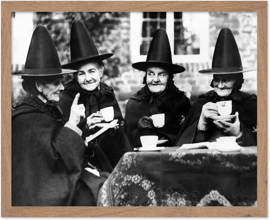 Poster Master Classic Photograph Poster - Vintage Halloween Print - Gift for Artist, Friend - Witches Tea Party, Old Women Smiling, Wearing Robes - Wall Decor for Living Room, 8x10 Beige Framed