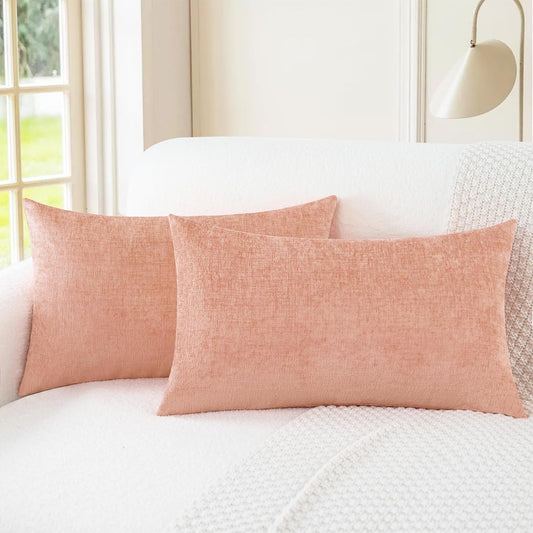 CaliTime Throw Pillow Covers Decorative 12 X 20 Inches Pack of 2 Cozy Chenille Cushion Cases for Couch Sofa Bed Living Room Home Dusty Pink