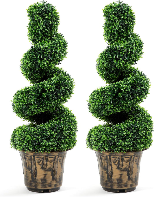 2-Pack Faux Boxwood Spiral Topiary Trees - 3ft Tall - Planter Included - Artificial Plants for Indoors or Outdoors - Realistic Dense Green Leaves with UV and Weather Protection