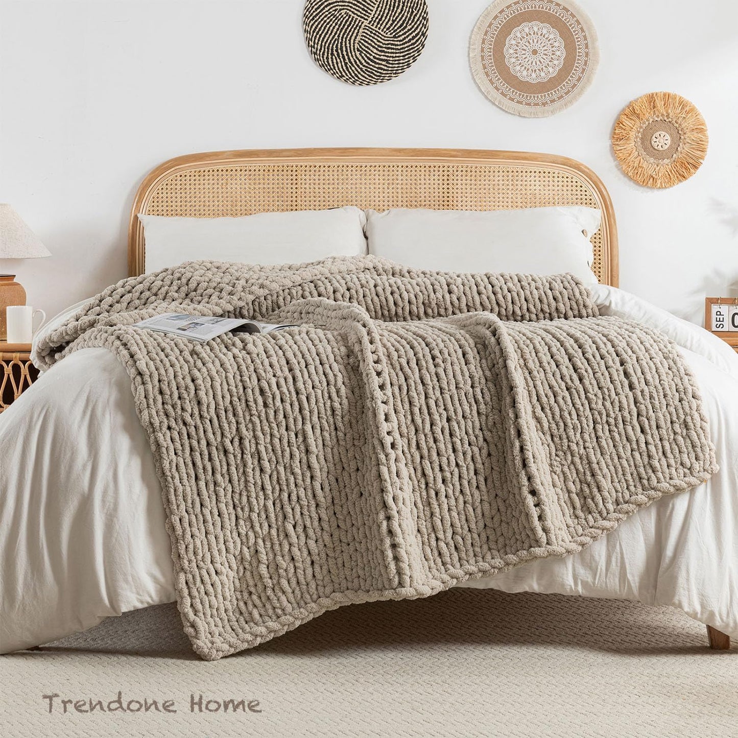 Chunky Knit Blanket Throw, 100% Hand Knit Throw Blanket Handmade Chenille Cable Knit Throw for Couch, Stylish Cozy Soft Rope Knot Crochet Blanket for Home Decor, Beige Linen, 50x60 Inches