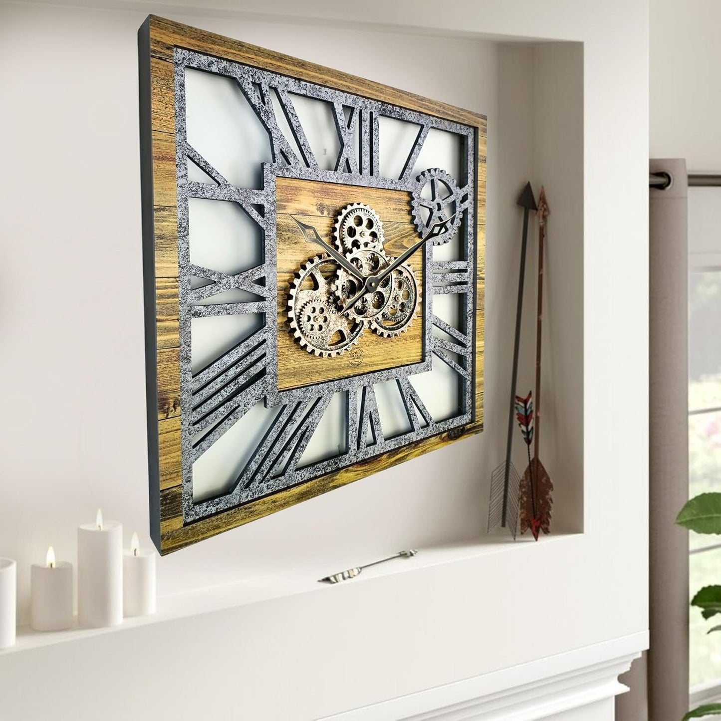 The Gears Clock 24'' Inch Square Real Moving Gear Wall Clock Vintage Industrial Oversized Rustic Farmhouse (Wood and Stone)