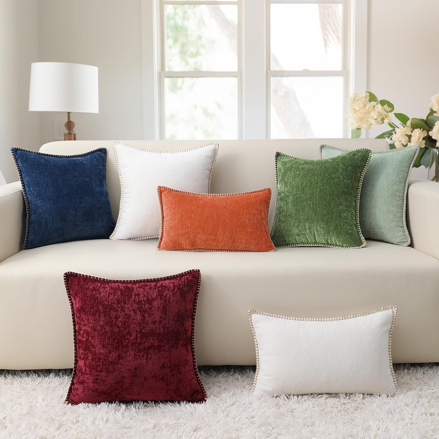 decorUhome Fall Chenille Soft Throw Pillow Covers 24x24 Set of 2, Farmhouse Velvet Neutral Decorative Euro Pillow Covers with Stitched Edge for Couch Sofa Bed Home Decor, Forest Elf