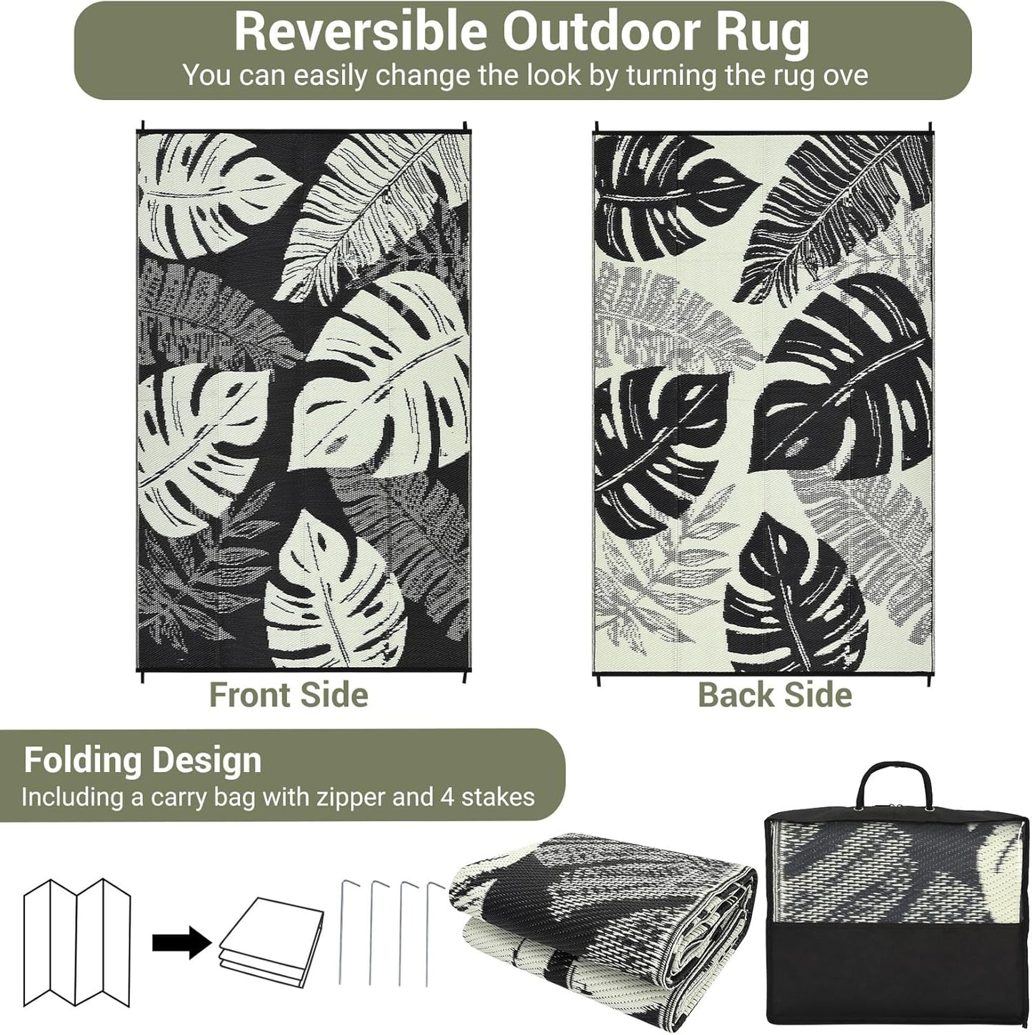 GAOMON Waterproof Plastic Straw Rug 9x12 Outdoor Rug for Patio, Reversible Modern Camping Mat with Bag & Stakes, UV Resistant & Easy to Clean Outdoor Carpet for RV, Deck, Balcony, Beige