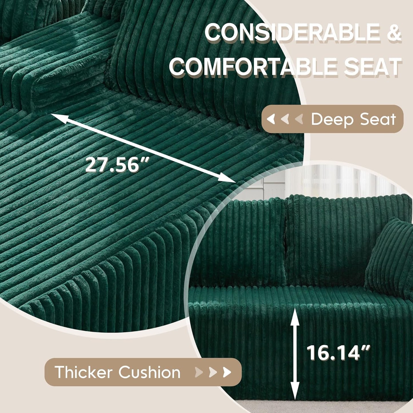 Hobestluk Modular Sectional Sofa Couches 108" L-Shape Couch 3 Seat Modular Sofa Memory Foam Sectional Couches for Living Room, Boneless Couch with Oversized Chaise (Green, Left Facing)