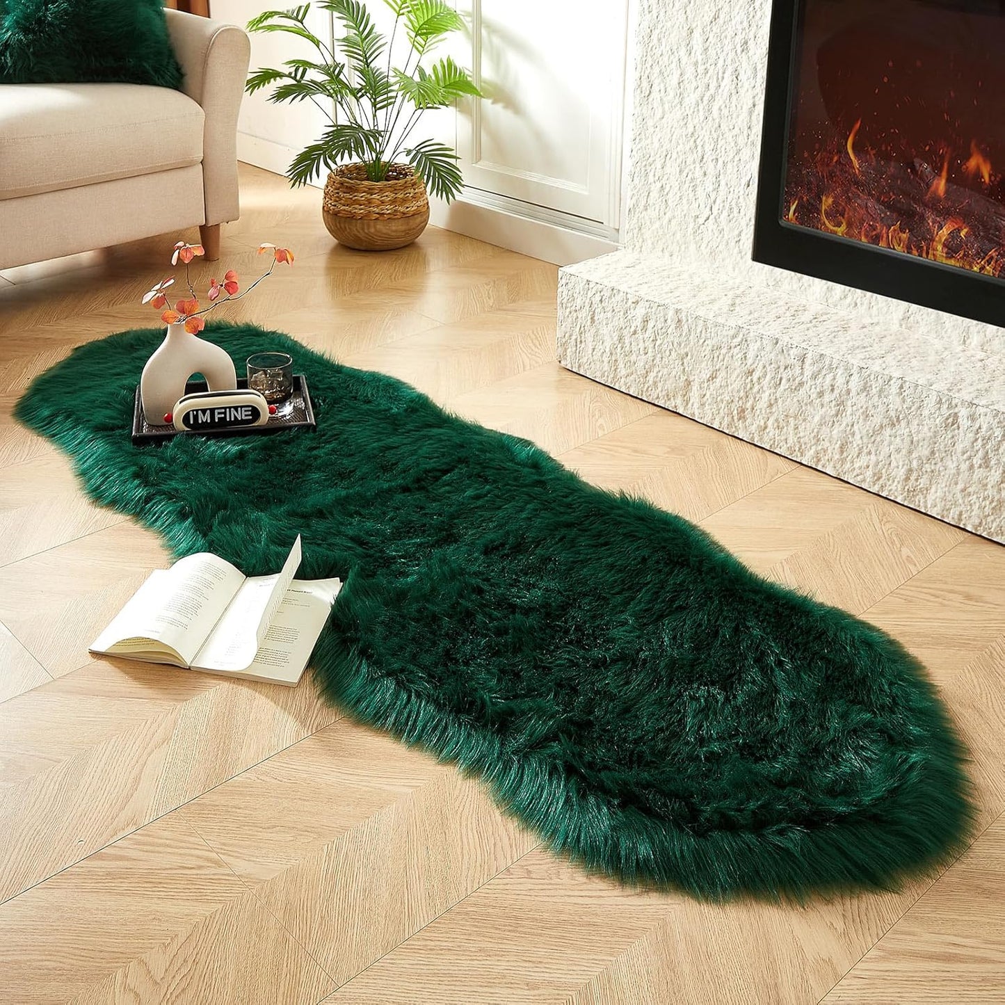 AMTOVO Faux Sheepskin Rug, Dark Green Ultra Soft Fluffy Shag Area Rug, 2 x 6 ft Faux Fur Rug for Bedroom Sofa Throw Cushion Room Decor, Sheepskin