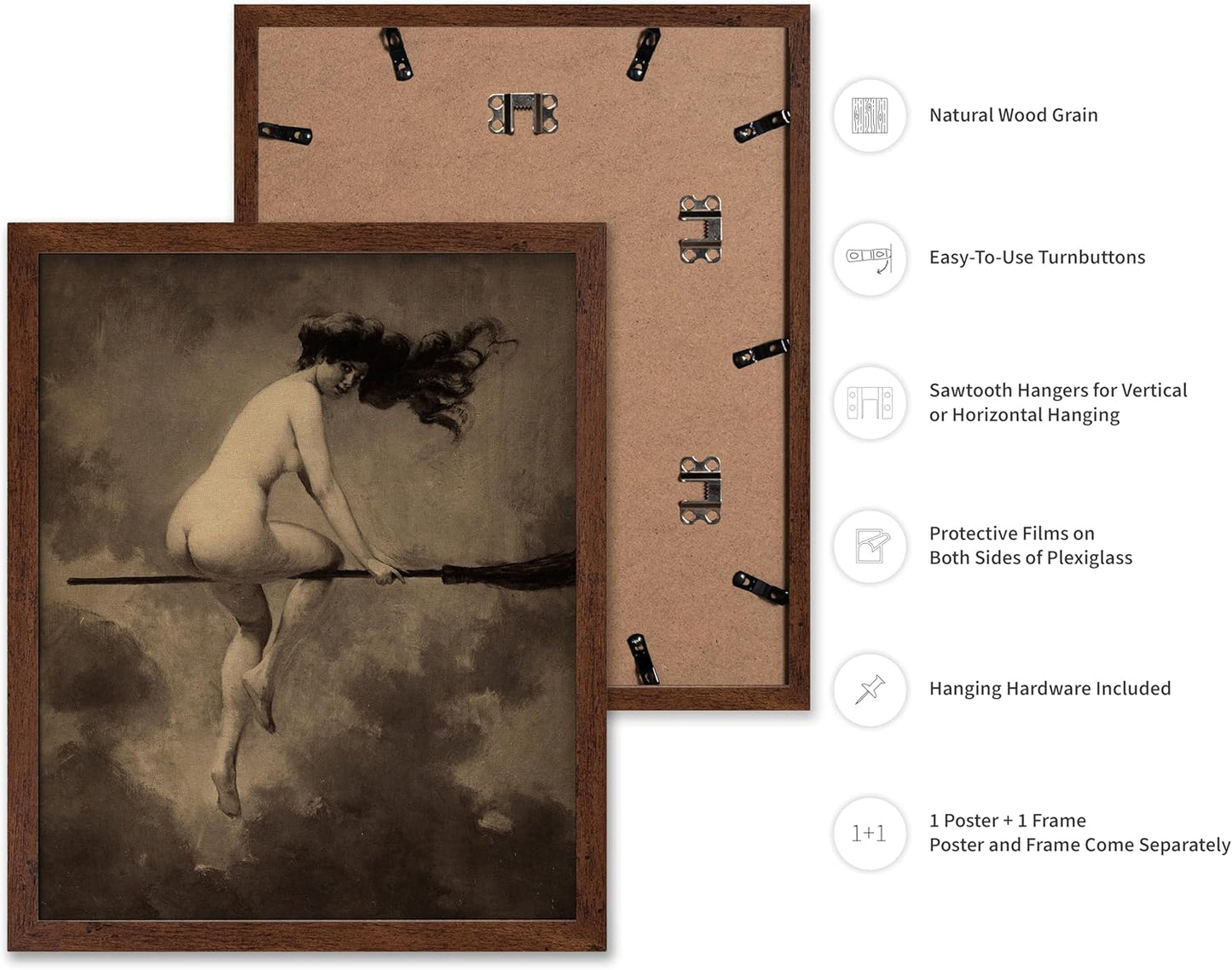 Poster Master Vintage Albert Joseph Penot Poster - Retro Halloween Print - Gift for Artist, Friend - Departure for the Sabbath, Naked Witch on Broom - Wall Decor for Bedroom, 16x20 Brown Framed