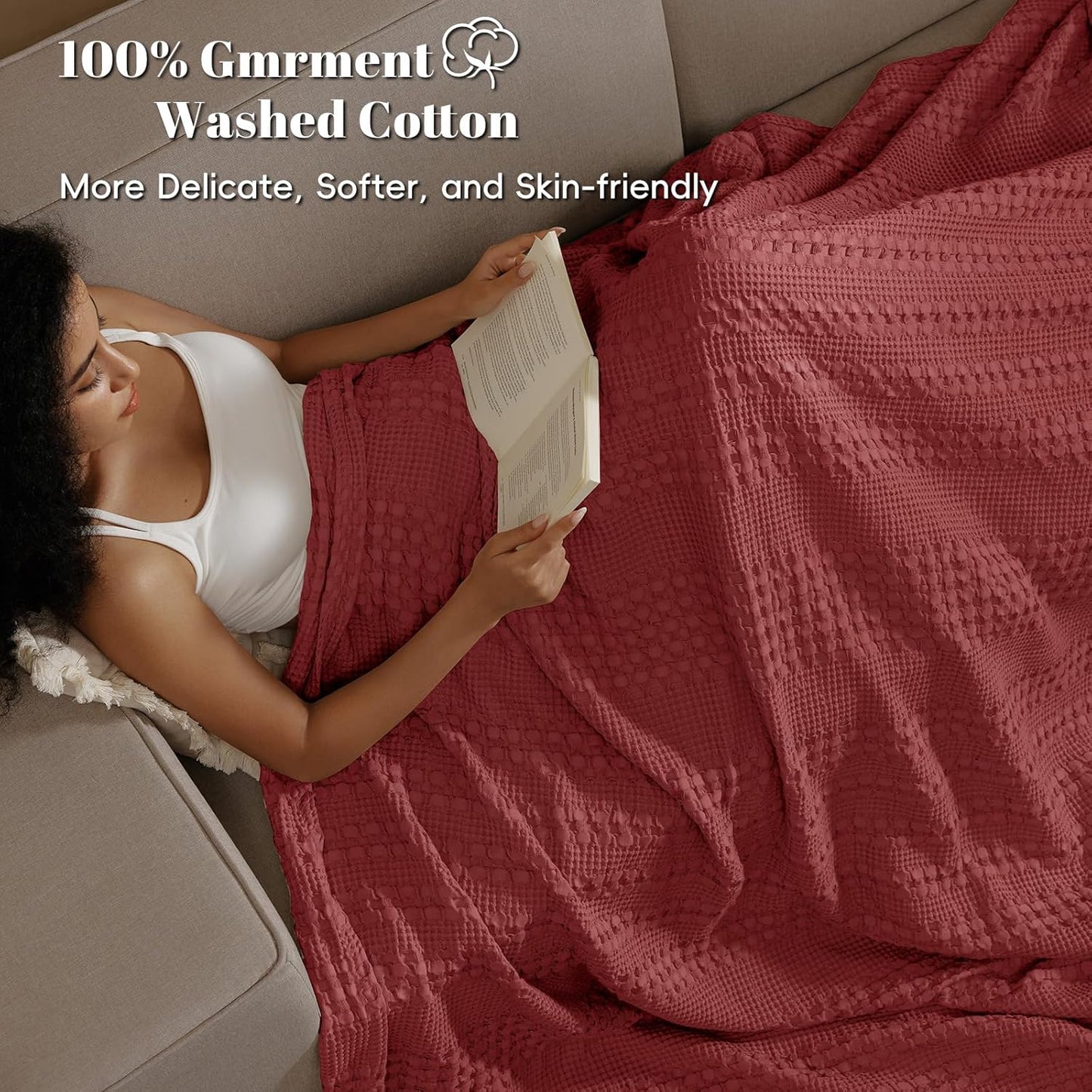 PHF 100% Cotton Waffle Weave Blanket Queen Size, Soft Lightweight Breathable Cozy Summer Blankets for Bed, Luxury Aesthetic Woven Bedding for Home Decor, 90"x90", Wine Red