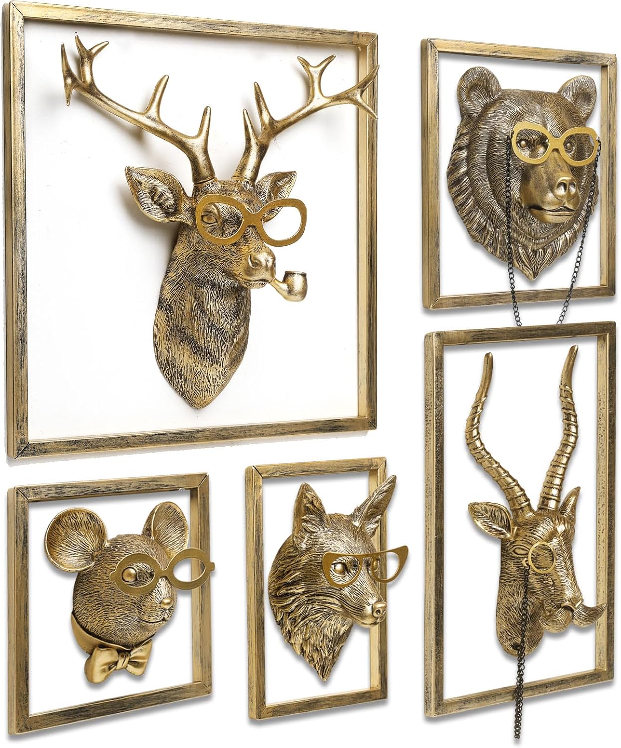 Animal Heads Wall Decor (5pcs, Includes Metal Frame) Resin Animals Sculptures Head Wall Hanging Decoration Gold vintage Wall Sculpture for Living Room Bedroom Office