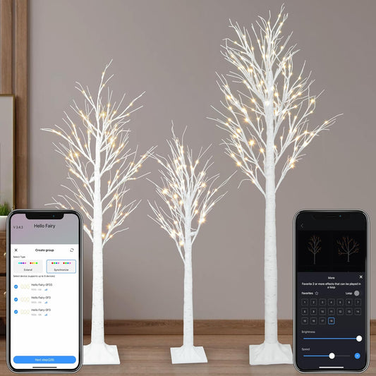 Smart Lighted Birch Trees 4FT 5FT 6FT, App Control, 18 Modes, Schedule, Dimmable, Warm White LED Lights, Waterproof Music Sync Star Light Tree Set for Indoor Outdoor Home Christmas Holiday Decorations