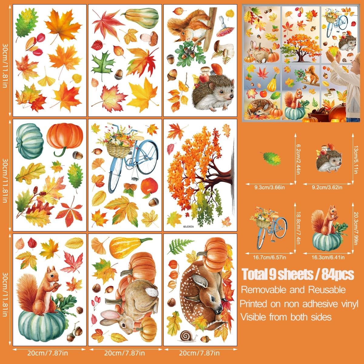 Fall Window Clings 9 Sheets Large-Size Window Clings for Glass Windo Decoration Autumn Leaves Animals Woodland Home Bedroom Nursery Room Windo Decals