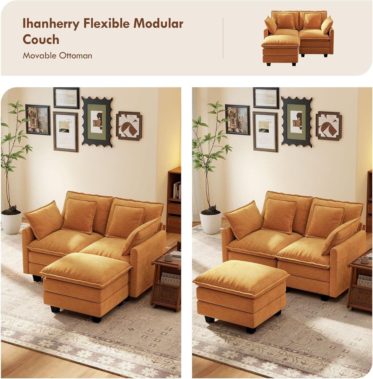 Ihanherry 57" L Shaped Modular Sectional Cloud Sofa, Modern 3 Seat Chenille Couch with Ottoman for Living Room, Bedroom and Apartment, Orange