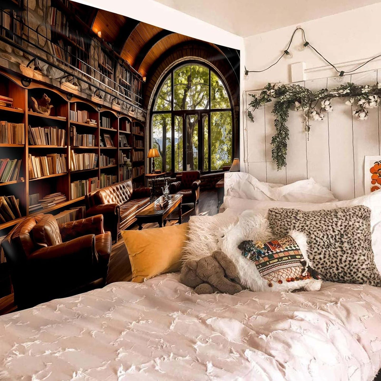 dueeia Book Library Tapestry Wall Hanging Medieval Bookshelf Vintage Window Bookcase Backdrop Wall Decor for Bedroom Aesthetic Living Room Office (90.6"x70.9")