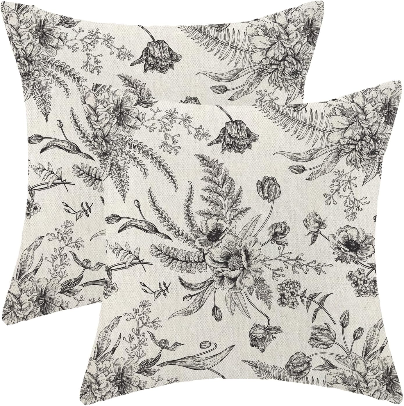 CXMEIFLY Spring Floral Leaves Pillow Covers 18 x 18 Inch Set of 2 for Chinoiserie Flowers Decor Throw Pillows Black and White Seasonal Plant Outdoor Decorative Cushion Cases for Couch Bed Decorations