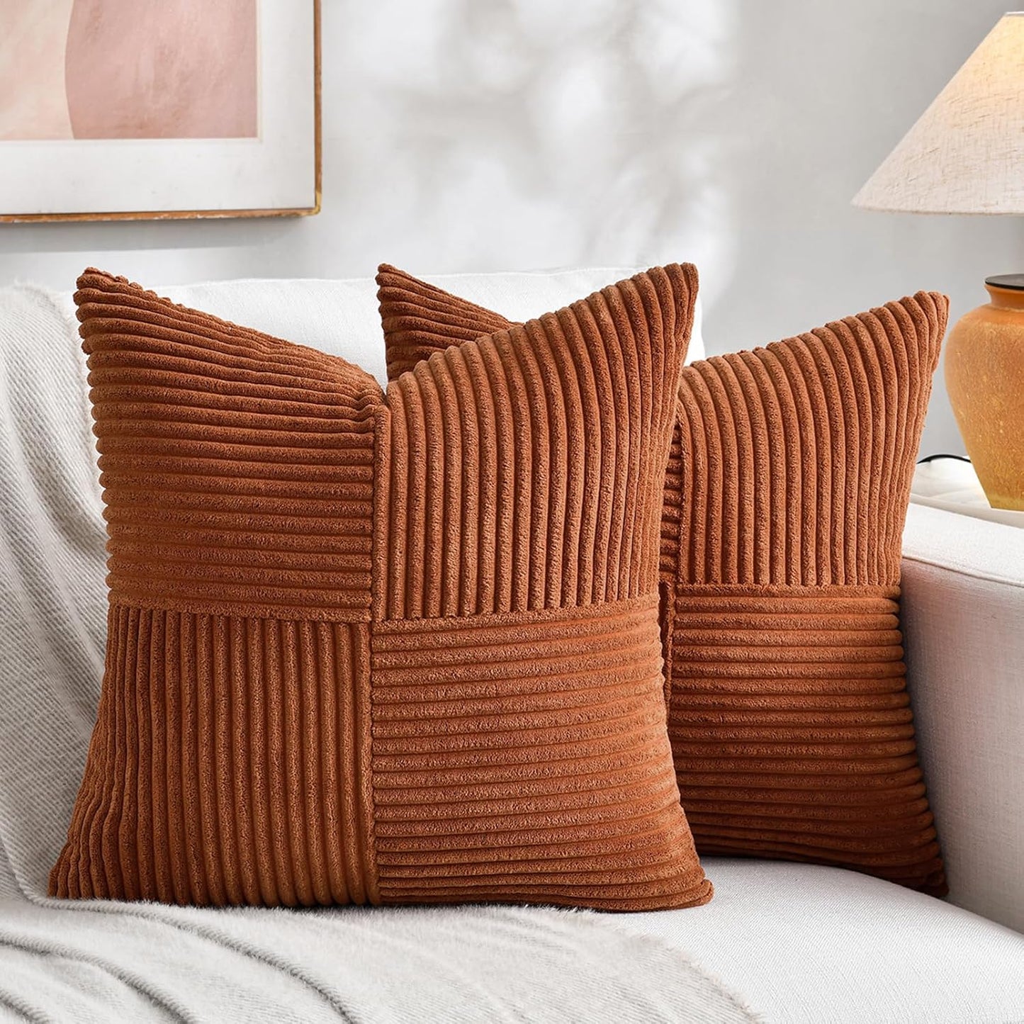 Fancy Homi 2 Packs Rust Boho Decorative Throw Pillow Covers 18x18 Inch for Couch Bed Sofa, Farmhouse Fall Home Decor, Soft Corss Corduroy Patchwork Textured Terracotta Accent Cushion Case 45x45 cm