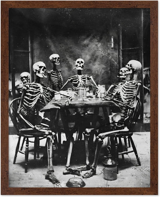 Poster Master Vintage Photograph Poster - Retro Daguerreotype Print - Gift for Artist, Friend - Skeletons Smoking at Table, Dinner Party, Goth - Wall Decor for Home, Dorm, 16x20 Brown Framed