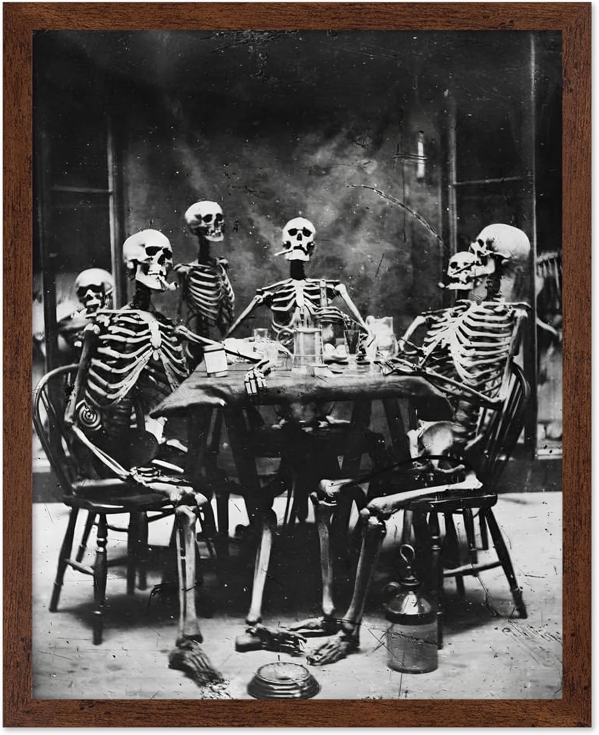 Poster Master Vintage Photograph Poster - Retro Daguerreotype Print - Gift for Artist, Friend - Skeletons Smoking at Table, Dinner Party, Goth - Wall Decor for Home, Dorm, 8x10 Brown Framed