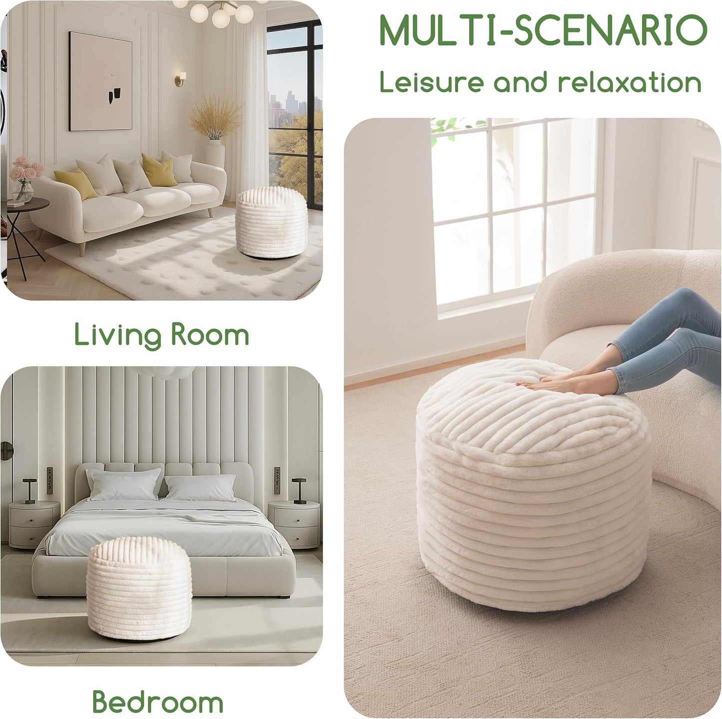 HIGOGOGO Round Stuffed Pouf Ottoman, Stripe Faux Fur Poufs with Foam Chunk Filling, Furry and Fluffy Pouf Foot Stool Storage Ottoman, 20 X 15 Floor Poufs Foot Rest for Living Room, Beige