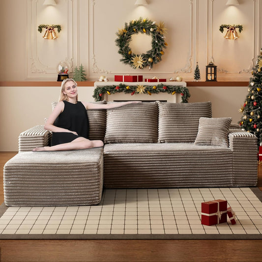 HYJT-H&K Modular Sectional Sofa Cloud Couch, 107" Comfy L Shaped Sectional Couches for Living Room, Deep Seat Memory Foam Plush Fluffy Corduroy Boneless Couch Sectionals Left Facing Sofa Chaise Brown