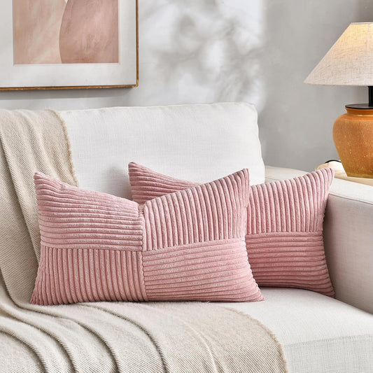 Fancy Homi 2 Packs Blush Pink Lumbar Decorative Throw Pillow Covers 12x20 Inch for Living Room Couch Bed, Rustic Farmhouse Boho Home Decor, Soft Striped Corduroy Rectangle Accent Cushion Case 30x50 cm