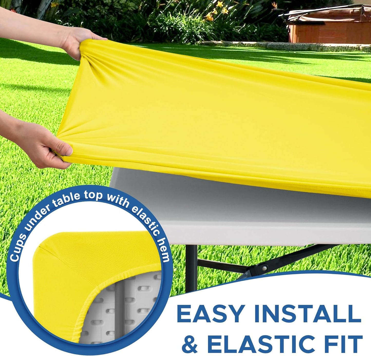 Fitted Tablecloth for 6 Foot Rectangle Tables-4 Pack Yellow Elastic Outdoor Picnic Table Cover-Spandex Stretch Folding Table Cloths 6 ft for Camping Dining Room Patio Kitchen Banquet Party