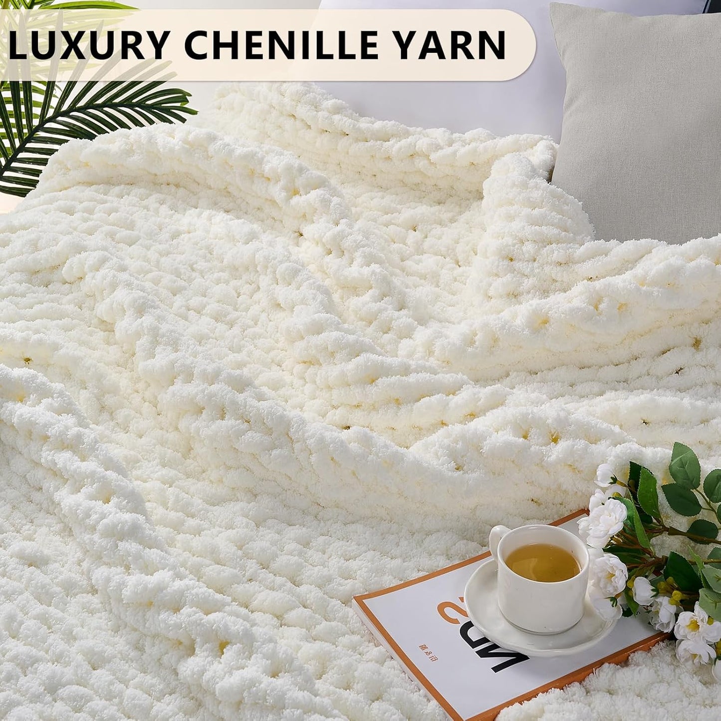 L'AGRATY Chunky Knit Blanket Throw: Soft Chenille Yarn Throw Blanket 50x60 - Handmade Thick Cable Crochet Blanket - Large Chunky Rope Throw Blanket for Couch Sofa Bed Home Decor(Cream White)