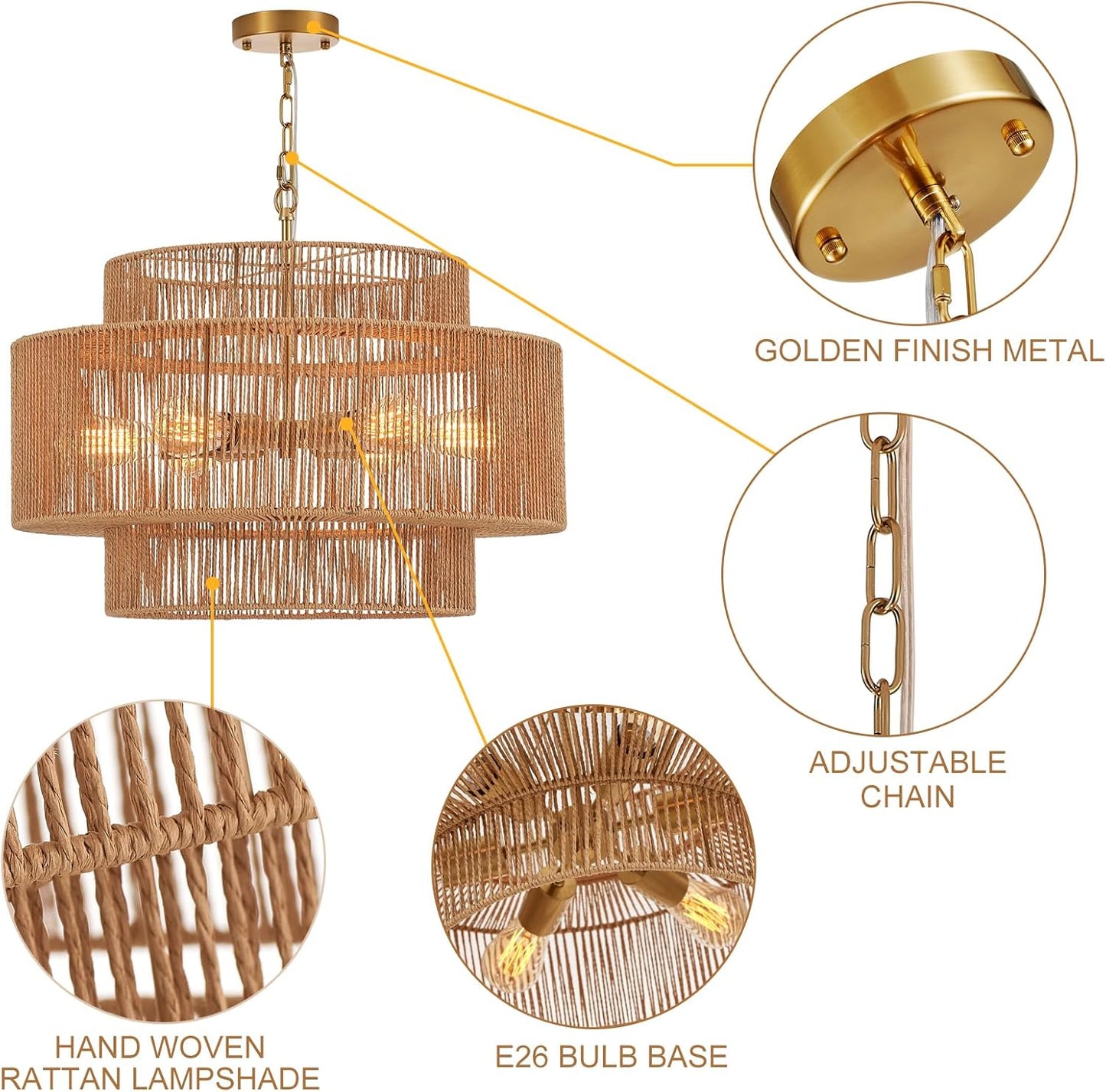 23.6" Rattan Chandelier Light Fixture Vintage 6-Lights Boho Hand-Woven Bamboo Chandeliers Retro Farmhouse 3-Tier Drum Wicker Rattan Golden Chandelier for Dining Room, Kitchen, Living Room