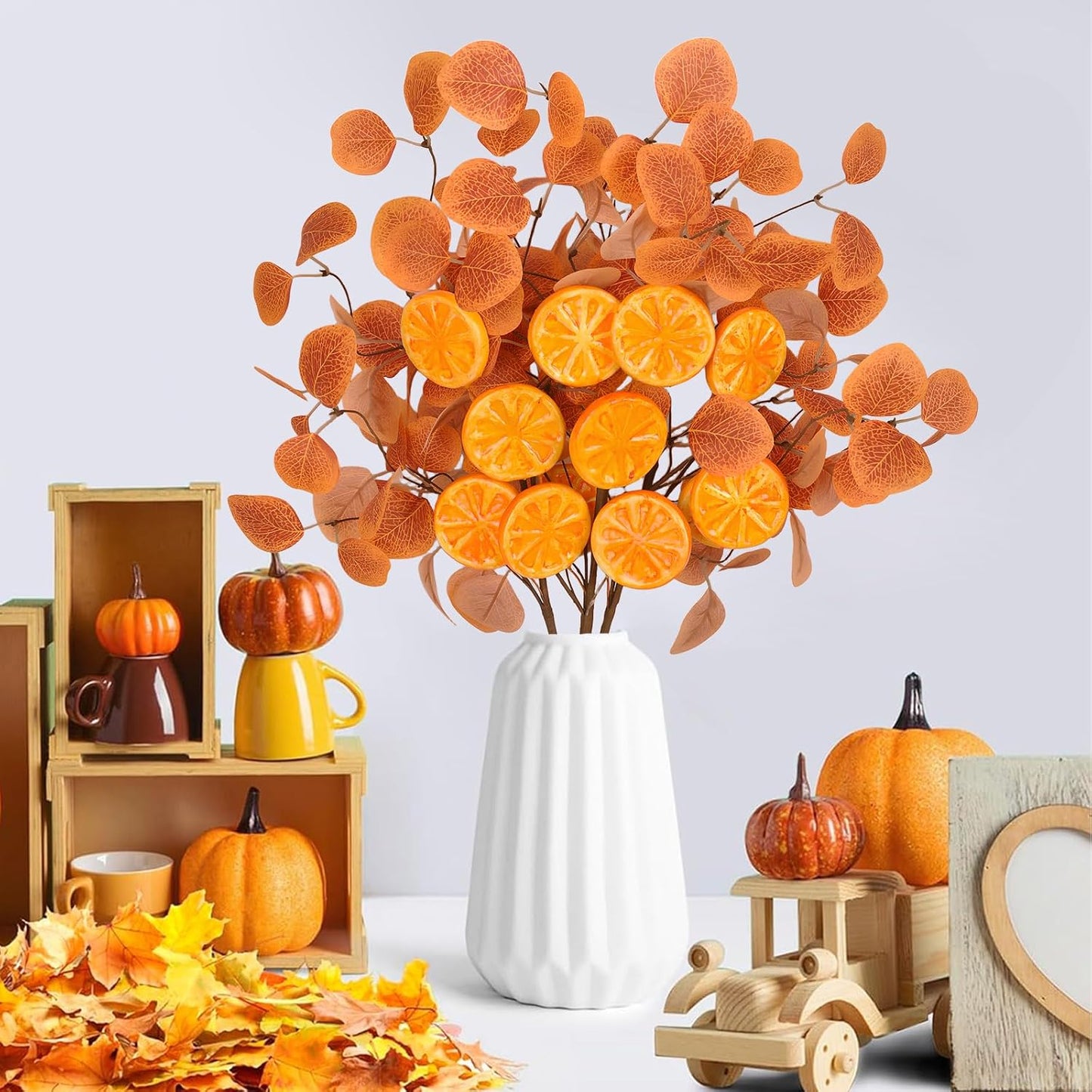 Eucalyptus Stems, 4PCS Artificial Lemon Stems Faux Citrus Branches Plastic Decor for Kitchen, Table Centerpieces, Entryway, Thanksgiving Wedding Party (Orange)