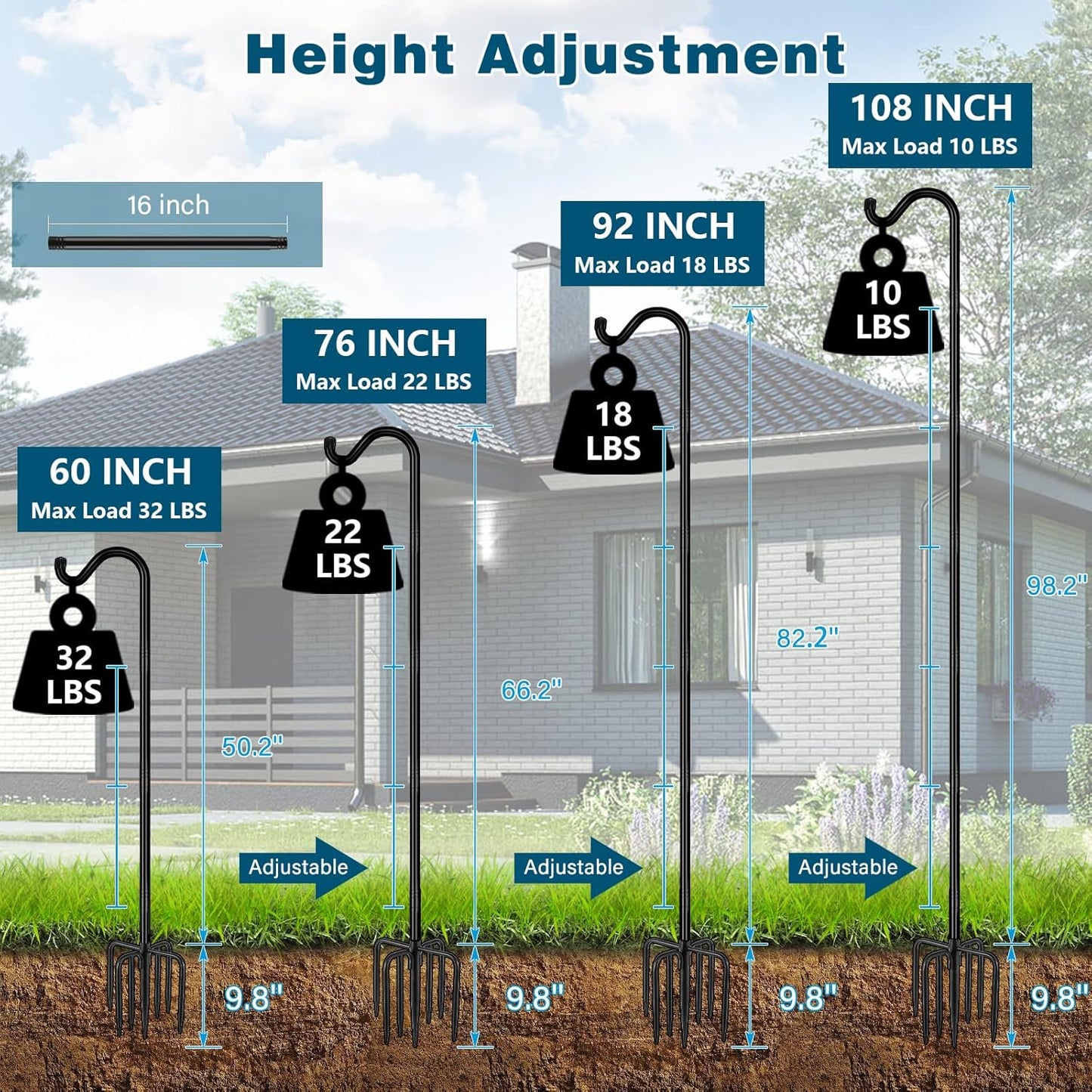 Gtongoko Tall Shepherds Hook for Outdoor, 108 Inch Bird Feeder Pole with 7 Prongs Base, 3/4 Inch Thick Heavy Duty Adjustable Garden Hook for Hanging Plant, Lantern, Hummingbird Feeder, 1 Pack