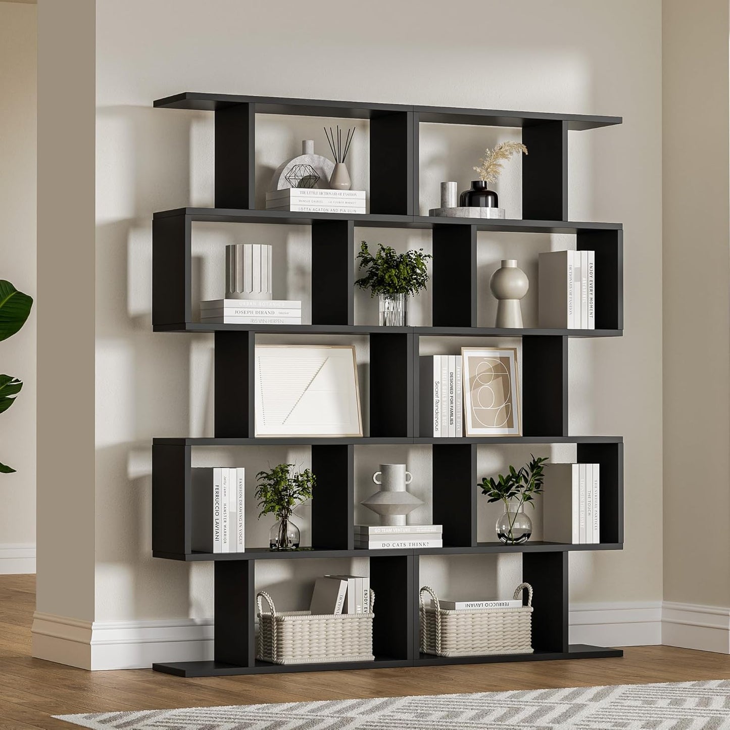Black 5-Tier Geometric Bookcase, S-Shaped Modern Bookshelf Set of 2, 62.6" Tall Room Divider Book Shelf, Decorative Display Shelf