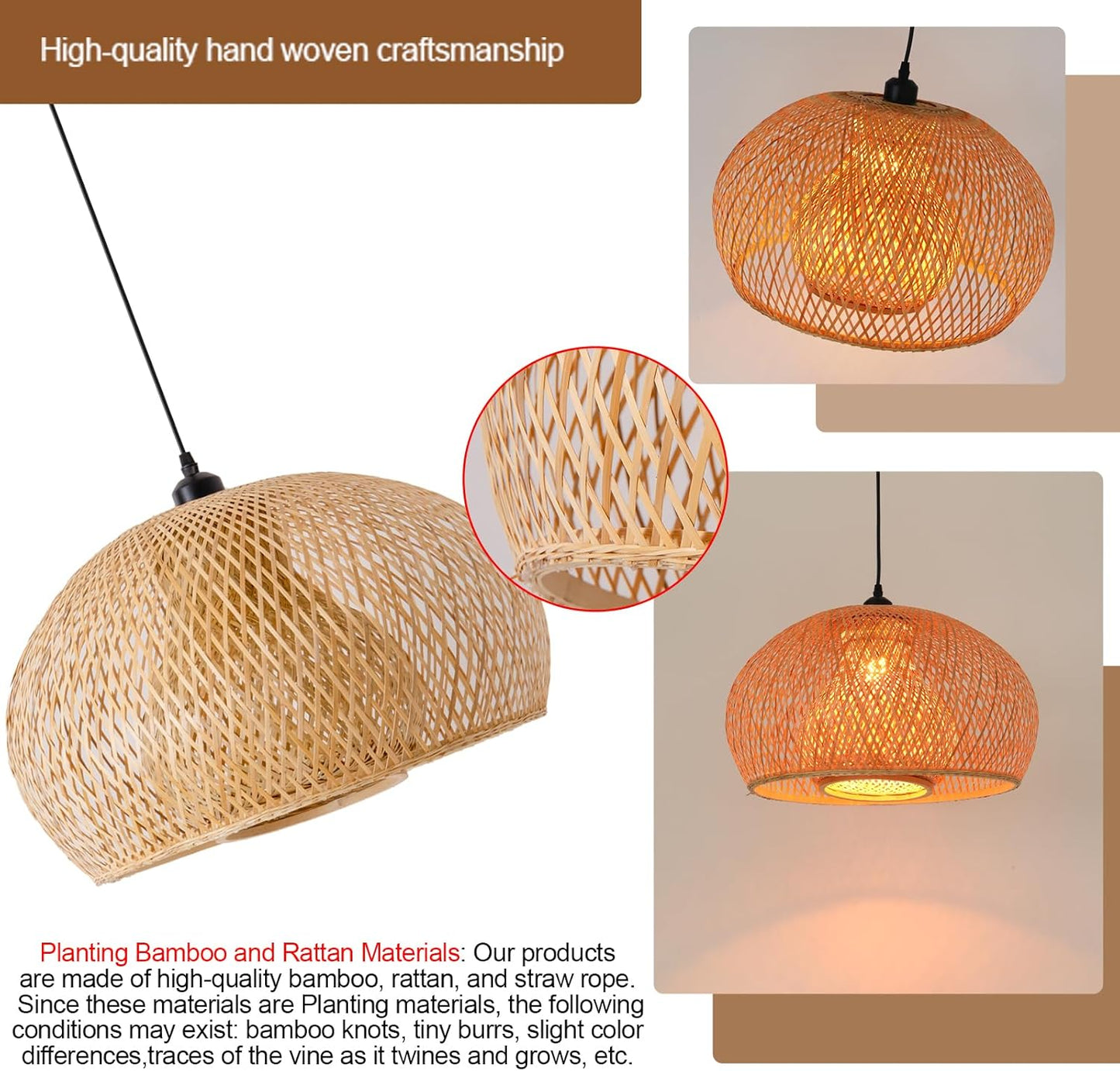 23.6" Bamboo Pendant Light Hand-Woven Rattan Hanging Lamp Boho Bamboo Chandelier for Dining Living Bedroom Kitchen Farmhouse