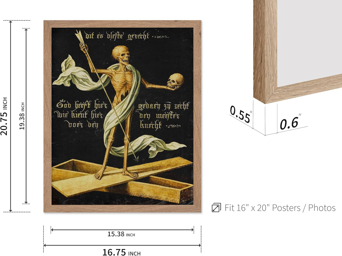 Poster Master Vintage Medieval Poster - Retro Gothic Print - Gift for Artist, Friend - Allegory of Life and Death, Skeleton, Dark, Skull - Wall Decor for Home, Living Room, 16x20 Beige Framed