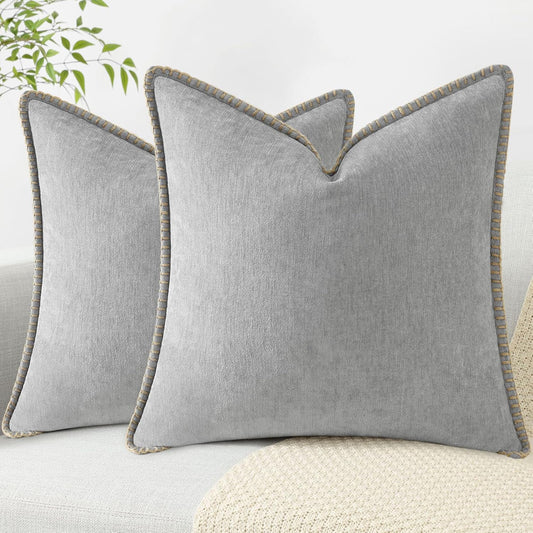 decorUhome Chenille Soft Throw Pillow Covers 22x22 Set of 2, Farmhouse Velvet Neutral Decorative Euro Pillow Covers with Stitched Edge for Couch Sofa Bed Home Decor, Neutral Gray